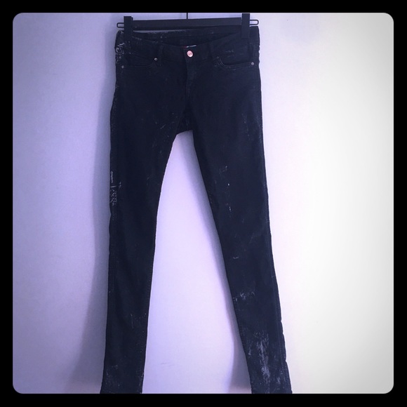 Black skinny low-rise jeans w white paint splatter - Picture 1 of 7